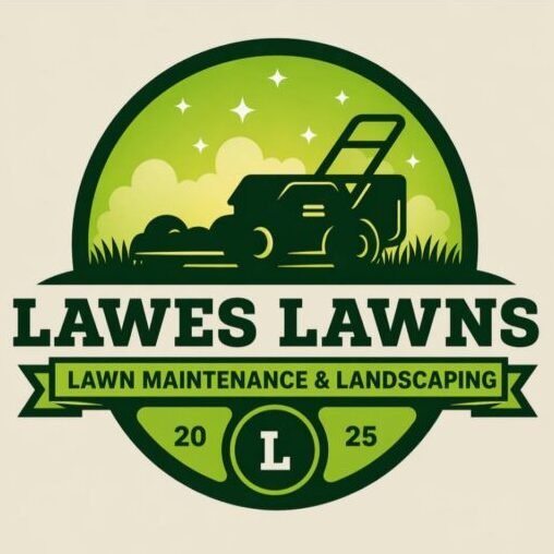 a logo showing the name of the business (Lawes Lawns) and a lawnmower on top.